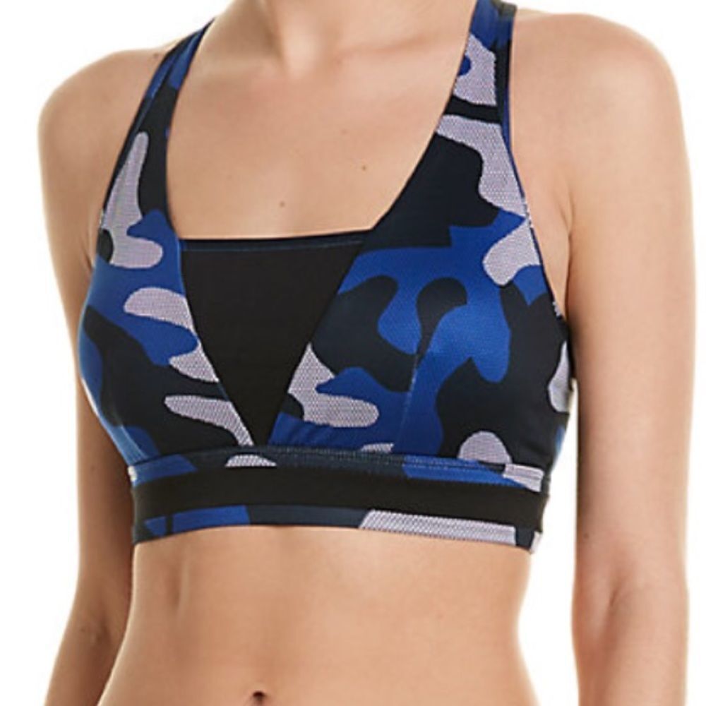 Sam Edelman blue camo strappy low impact sports bra